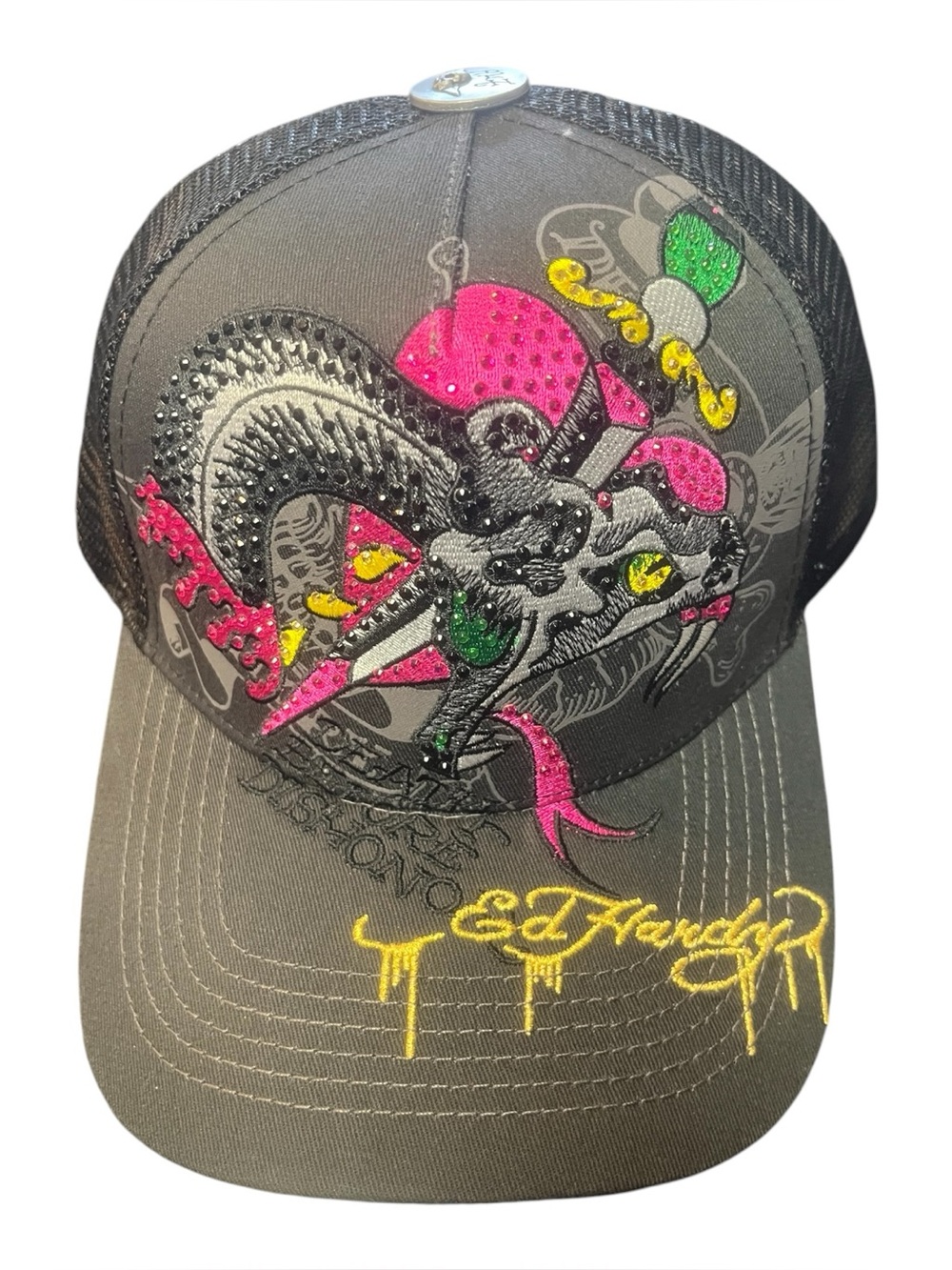 Ed Hardy Black Cap with Pink, Green & Yellow Snake Graphic